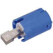 Blue plastic valve cartridge with chrome metal stem and rectangular inlet port.