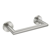 Chrome hand towel bar with cylindrical mounting brackets on each end.