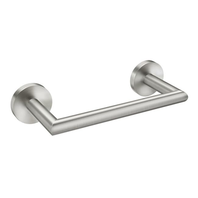 Chrome hand towel bar with cylindrical mounting brackets on each end.