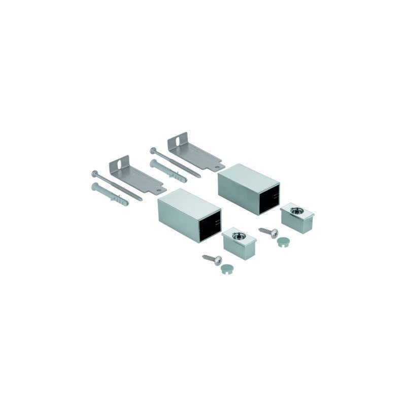Chrome shower bar holder repair parts kit with mounting brackets, fasteners, and connectors.