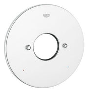 Chrome circular escutcheon plate with center opening and two mounting holes.