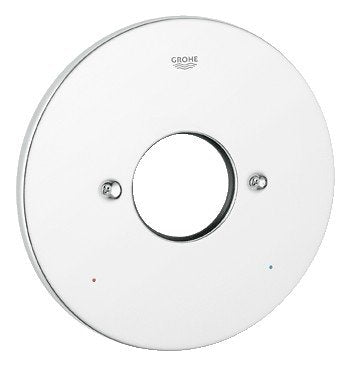 Chrome circular escutcheon plate with center opening and two mounting holes.