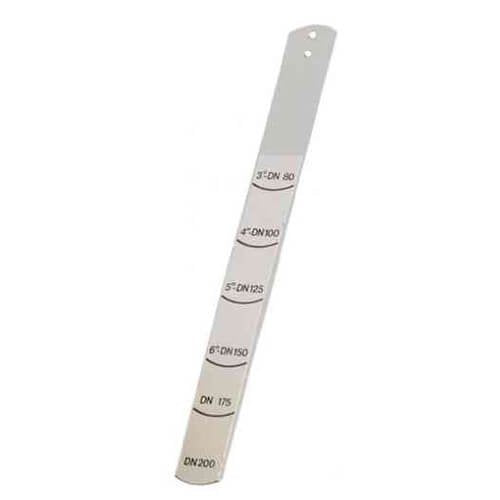 Stainless steel paddle assembly with labeled sizing bands and mounting hole at top.