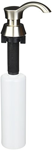 Stainless steel soap dispenser with curved spout and white cylindrical reservoir bottle.