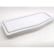White ceramic toilet tank lid with curved edges and recessed center panel.