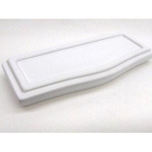 White ceramic toilet tank lid with curved edges and recessed center panel.