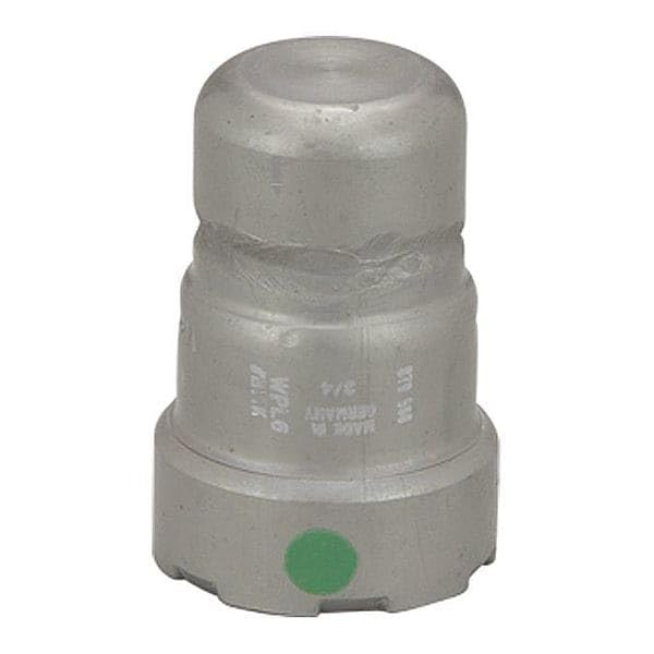 Viega MegaPress 1" press end cap in zinc-nickel coated carbon steel with green indicator dot.