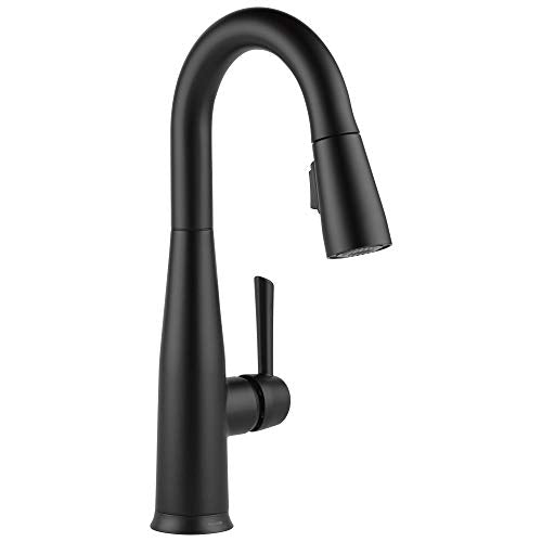 Black single-handle kitchen faucet with pull-down spray head and curved spout.