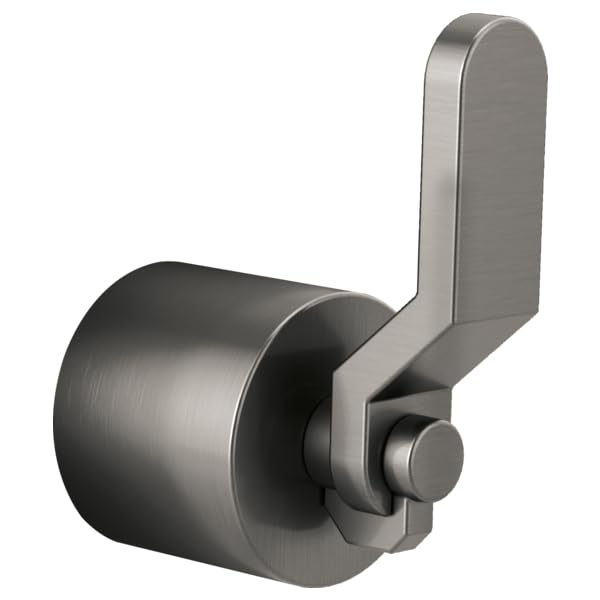 Brushed nickel diverter trim with industrial lever handle and cylindrical escutcheon plate.