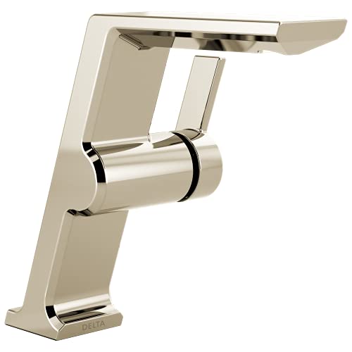 Polished nickel single-handle vessel faucet with angular geometric design and curved spout.