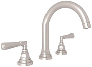 Satin nickel three-piece widespread lavatory faucet with curved C-spout and lever handles.