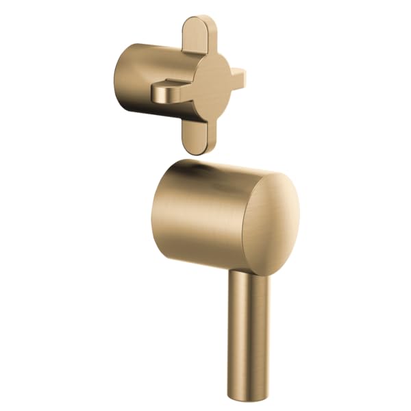 Champagne bronze pressure balance valve trim with cross handles and cylindrical body for shower installation.