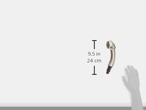 Stainless steel wand assembly with curved handle and trigger, 9.5 inches long, shown with size reference hand.