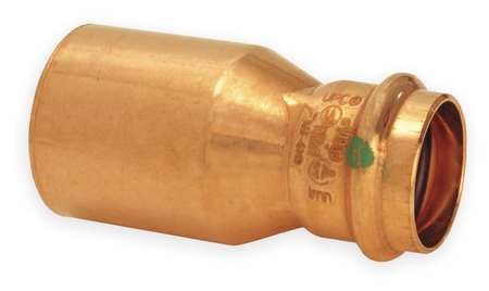 Copper press reducer fitting with larger diameter socket on left and smaller diameter opening on right.