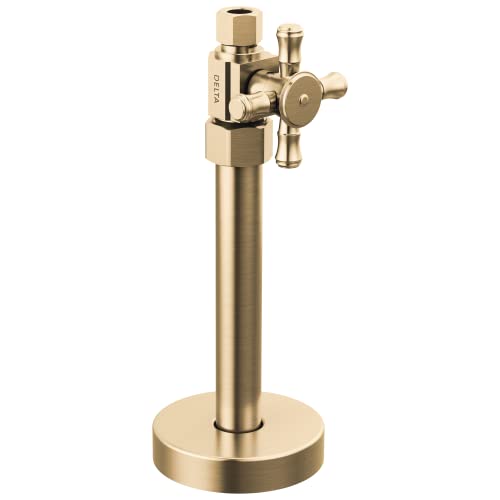Brass supply stop valve with traditional cross handle and round base, mounted on vertical pipe.