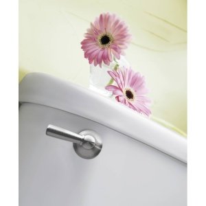 Brushed nickel toilet tank lever handle mounted on white ceramic tank with pink flowers above.