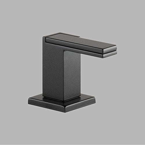 Black matte finish widespread lavatory faucet with lever handle and rectangular spout on square base.