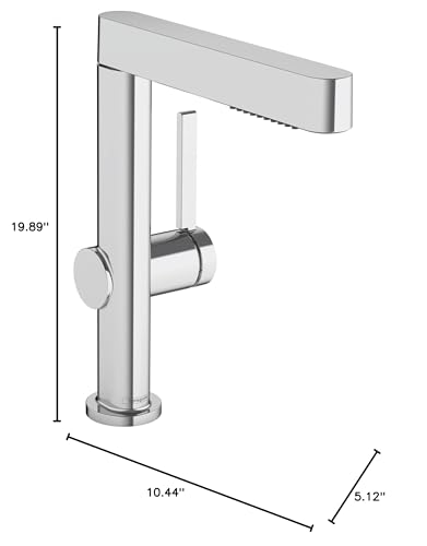 Chrome single-hole bathroom faucet with tall spout, lever handle, and pull-out spray head, 19.89 inches tall.