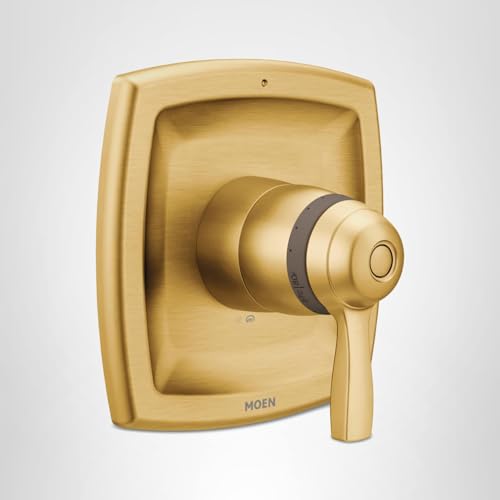 Brushed gold thermostatic shower valve trim with single lever handle and rectangular escutcheon plate.