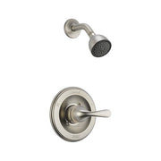 Stainless steel shower trim with single lever handle and matching showerhead with perforated face.