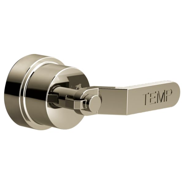Chrome thermostatic valve trim with industrial lever handle labeled "TEMP" and circular mounting escutcheon.