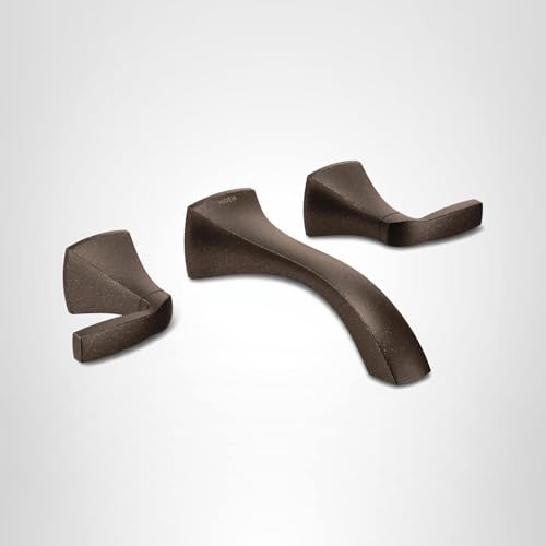 Bronze two-handle wall mount bathroom faucet trim kit with curved spout and lever handles.