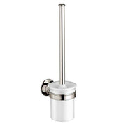 Polished nickel wall-mounted toilet brush holder with white ceramic cup and tall metal brush handle.