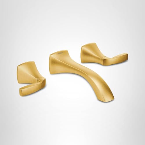 Gold wall mount bathroom faucet trim kit with curved spout and two matching lever handles.