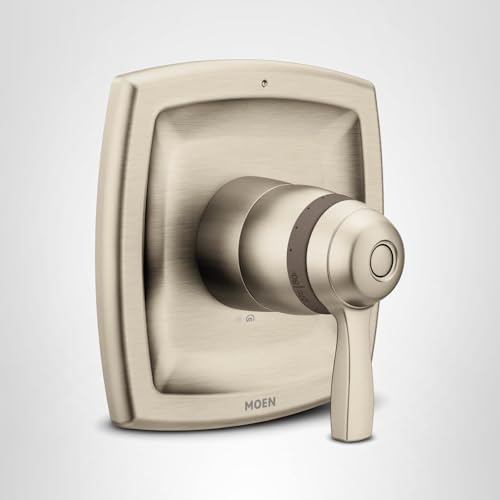 Brushed nickel thermostatic shower valve trim with single lever handle and rectangular escutcheon plate.