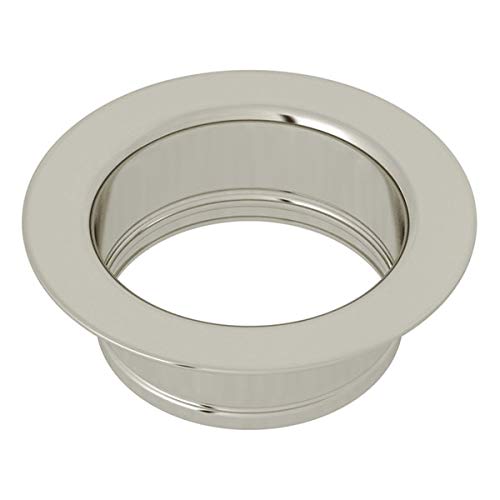 Polished nickel circular disposal flange with recessed center opening and grooved inner ring.