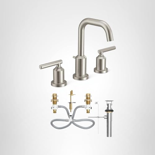 Brushed nickel widespread bathroom faucet with high arc spout, two lever handles, and internal valve components shown separat