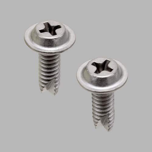 Two metal set screws with Phillips heads and flanged washers against gray background.