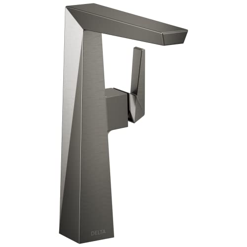 Gunmetal gray single-handle vessel faucet with angular geometric design and extended spout.