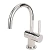 Polished nickel instant hot water dispenser faucet with curved spout and single lever handle.