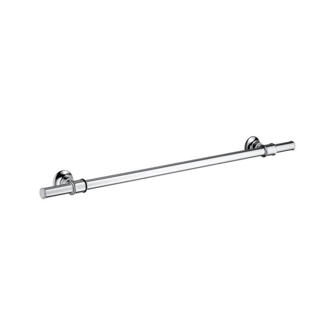 Chrome towel bar with cylindrical rod and decorative round mounting brackets on each end.