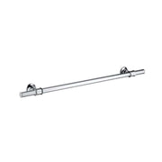 Chrome towel bar with cylindrical rod and decorative round mounting brackets on each end.