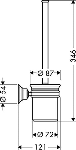 Brushed nickel wall-mounted toilet brush holder with tall handle and cylindrical bristle cup, technical drawing with dimensio