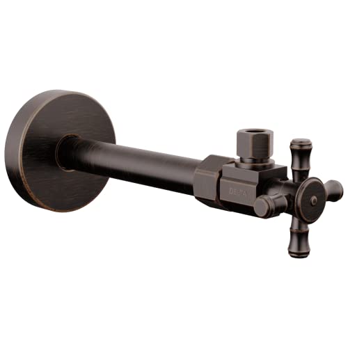 Bronze angled supply stop valve with cross handle and circular wall-mounted escutcheon.