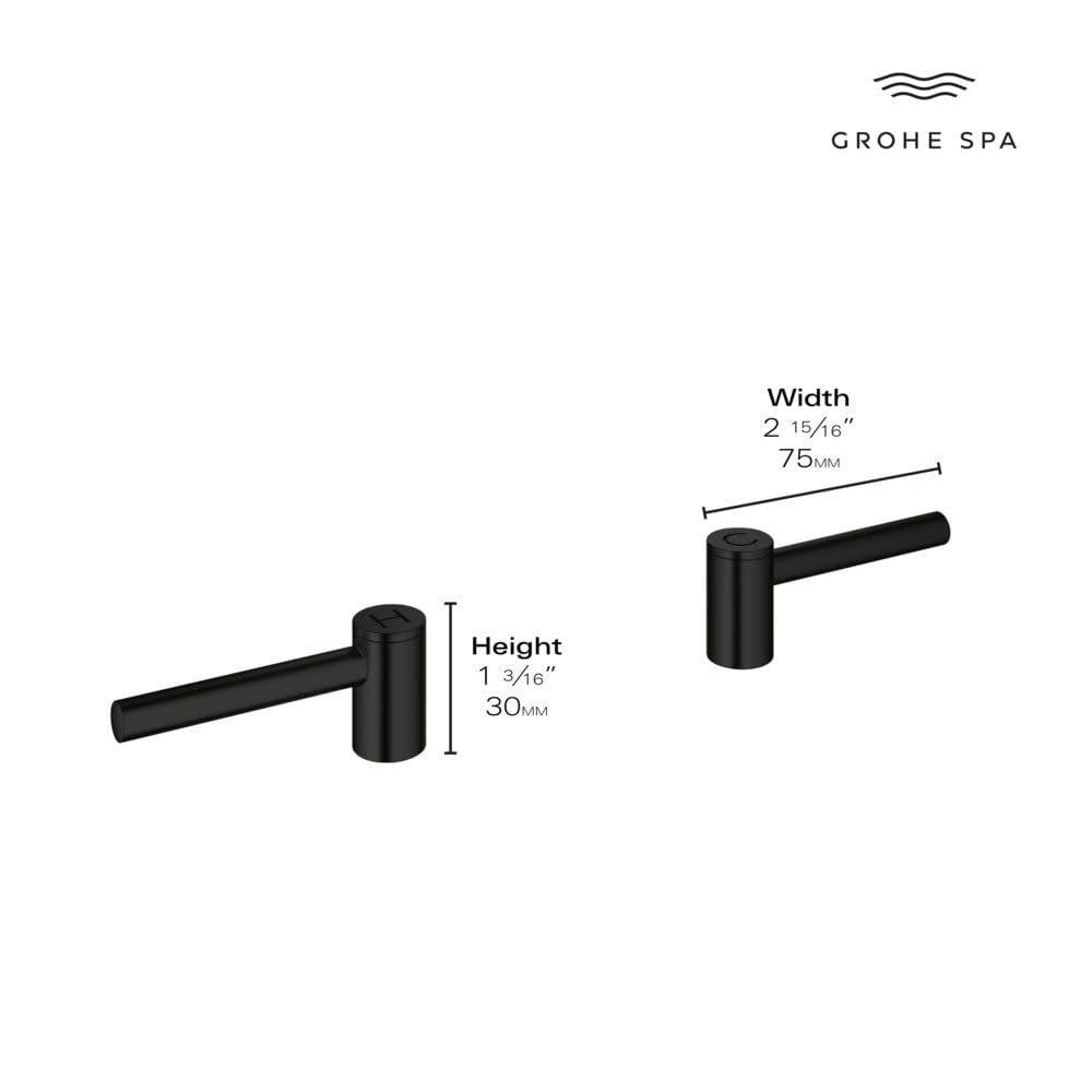 Pair of matte black cylindrical lever handles with dimensions labeled: 2 15/16" width and 1 3/8" height.