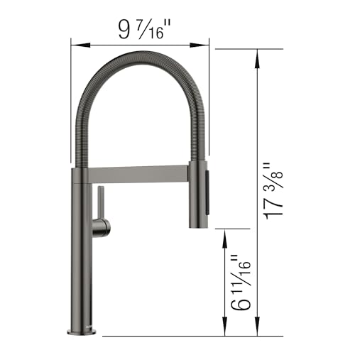 Satin dark steel single-handle pull-down kitchen faucet with arched spout and dimensions of 9 7/16" width and 17 3/8" height.