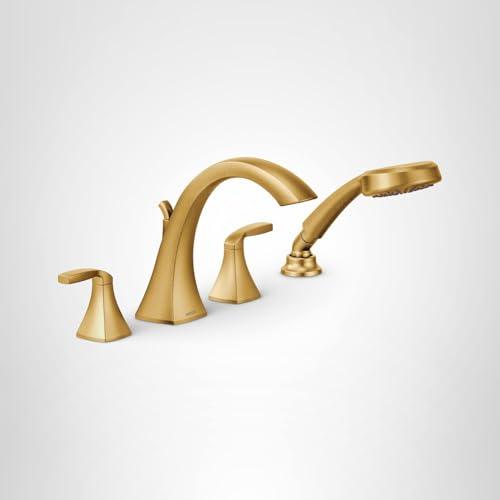 Gold four-piece roman tub faucet with two handles, curved spout, and detachable handshower.