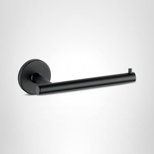 Matte black cylindrical tissue holder with round wall-mounted escutcheon and horizontal rod.