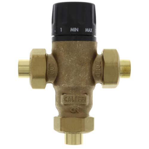 Brass 3-way mixing valve with black adjustable dial marked 1, MIN, and MAX, with 1/2" sweat connections.