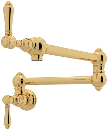Unlacquered brass wall-mounted pot filler with dual articulating arms and lever handle.