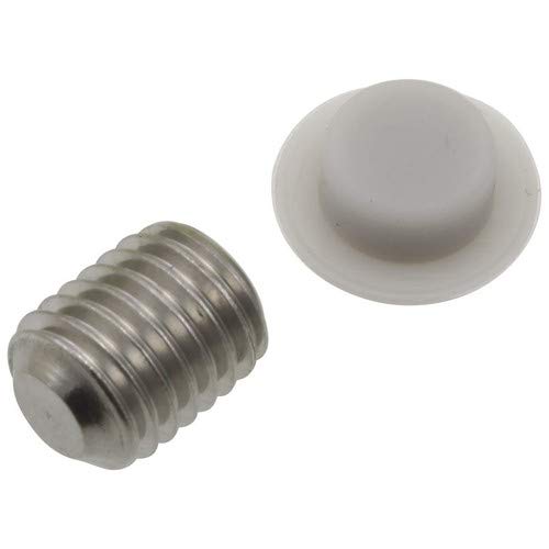 Stainless steel set screw with threaded shaft and matching gray button cap shown side by side.