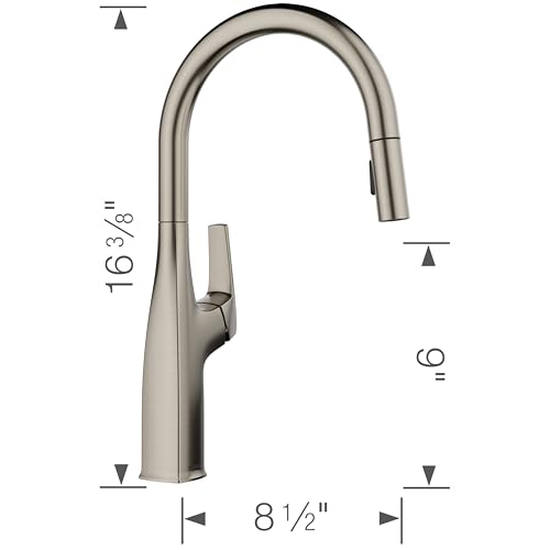 Satin platinum pull-down kitchen faucet with curved spout and single lever handle, 16 3/8 inches tall.