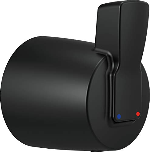 Matte black diverter lever mounted on cylindrical base with hot and cold water indicator dots.