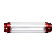 Milwaukee M18 grease gun with clear cylindrical barrel and red metal end caps.