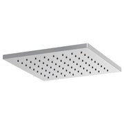 Square chrome shower head with evenly distributed spray holes across flat white face and gray metal trim.