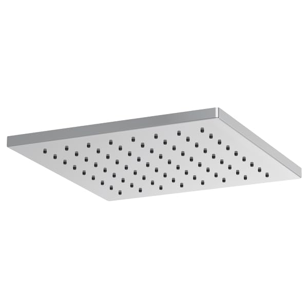 Square chrome shower head with evenly distributed spray holes across flat white face and gray metal trim.